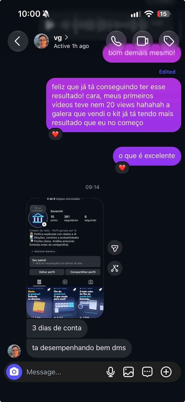 Conversa no direct: conta GovernAI, '3 dias de conta, tá desempenhando bem demais'