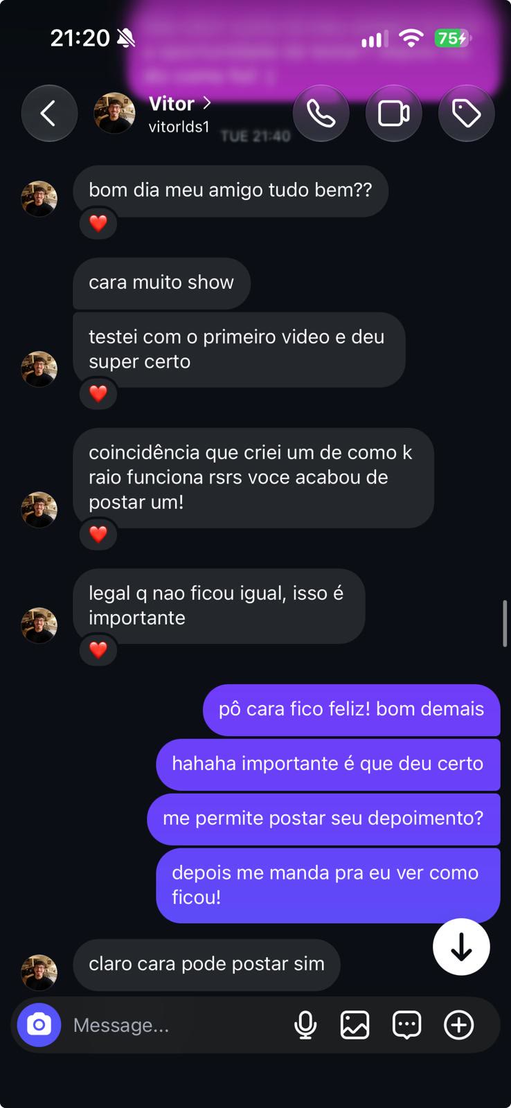Conversa no direct com Vitor: 'testei com o primeiro vídeo e deu super certo'